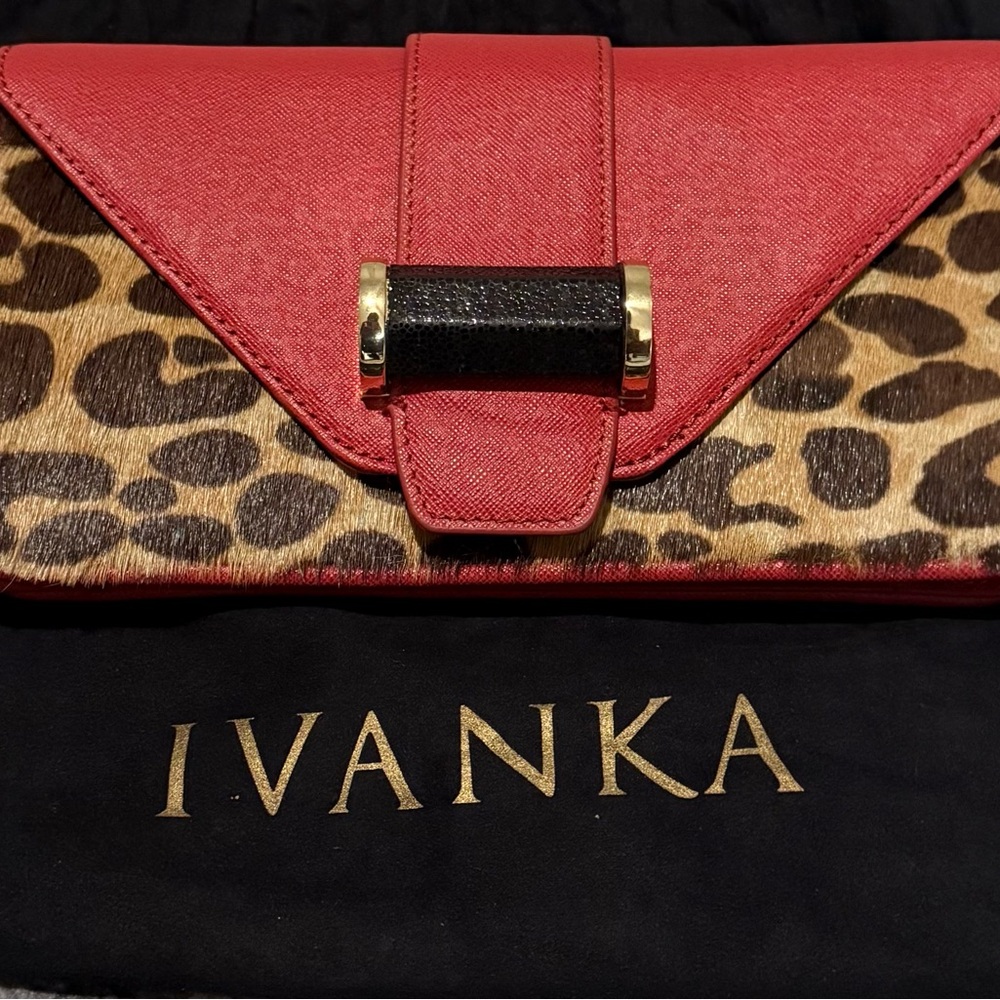 Ivanka Trump Red and Leopard Print Clutch